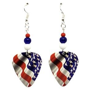 American Flag Waving at an Angle on Beaded Guitar Pick Earrings - Handmade USA